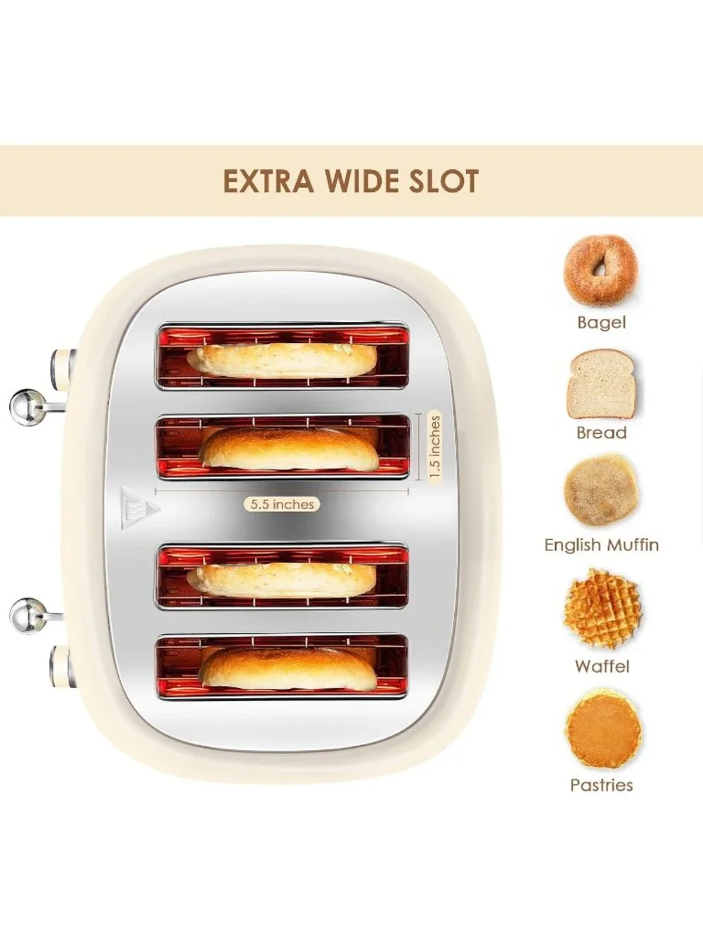 4 Slice Cream Retro Stainless Steel with Bagel Defrost Cancel Function Toaster